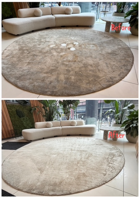 Professional commercial rug cleaning in Central London restoring heavily soiled round office rug