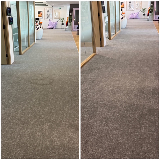 Commercial carpet cleaning in office corridor in the City of London removing heavy traffic marks and restoring carpet appearance.