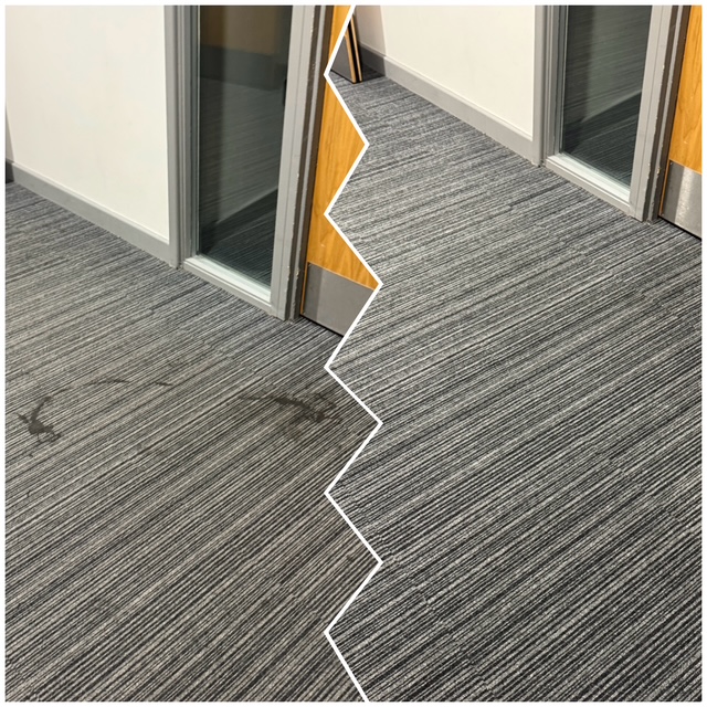 Commercial carpet cleaning in school corridor near King’s Cross London removing heavy stains from carpet tiles.