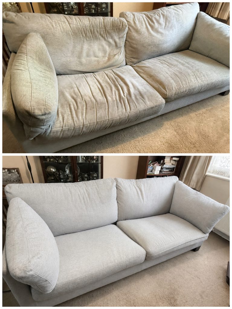 Before and after sofa cleaning results on a grey fabric sofa in London