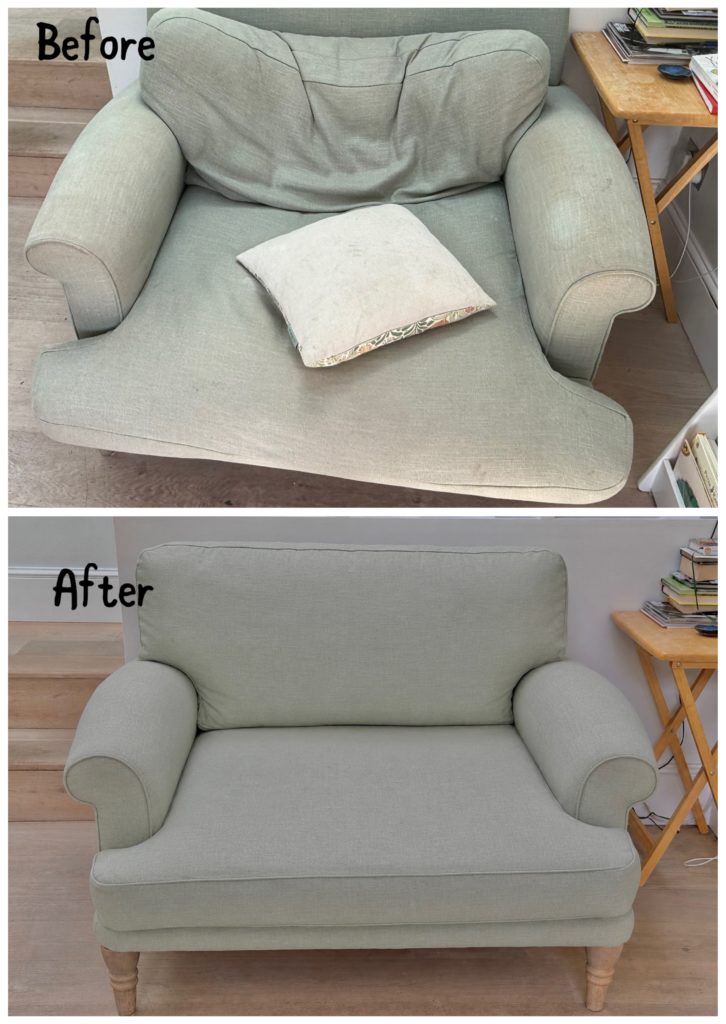 Before and after upholstery cleaning of a light fabric arm chair in London