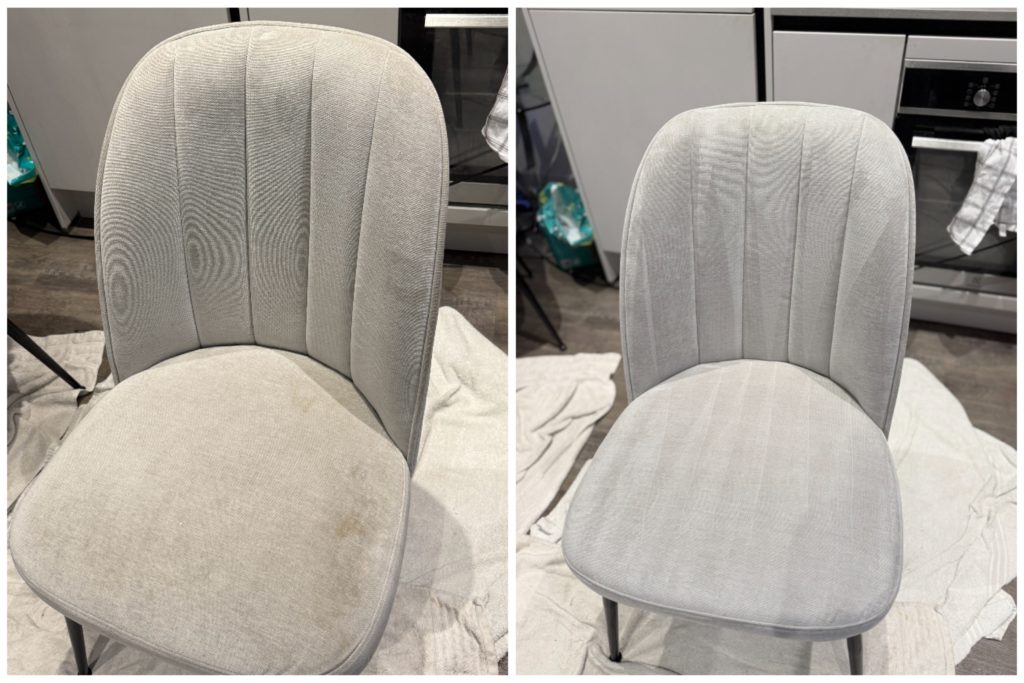 Before and after upholstery cleaning of a light fabric dining chair in London