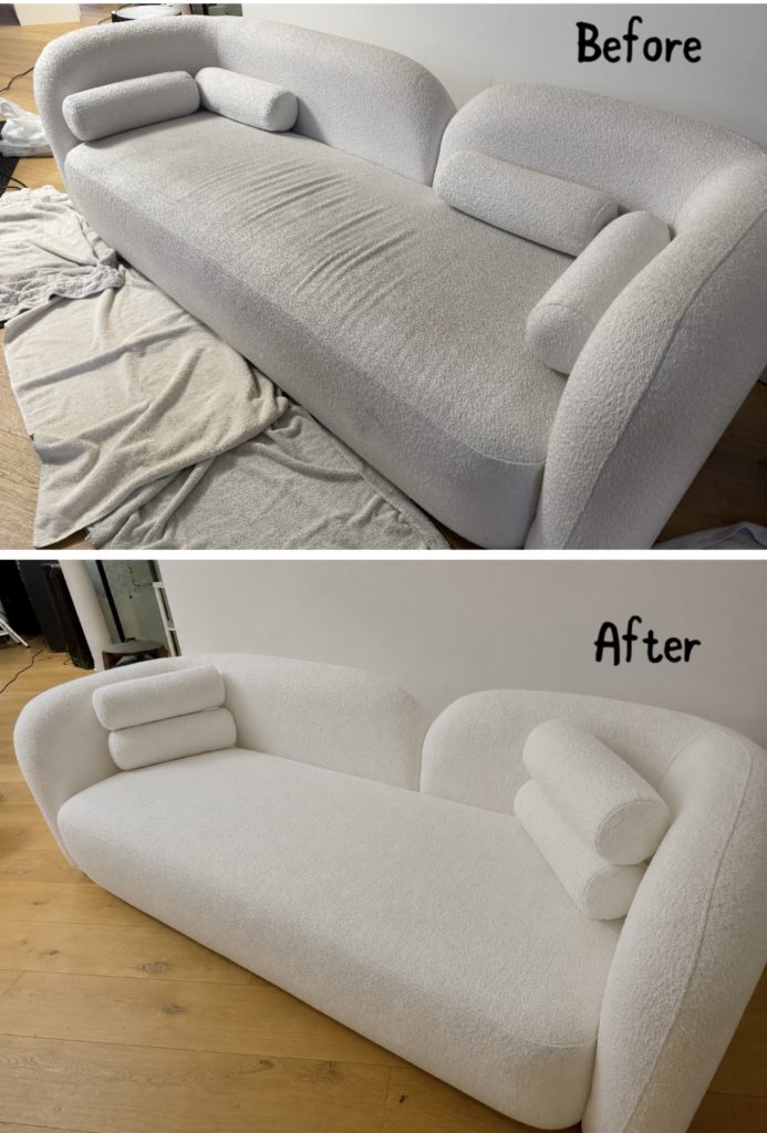Before and after professional cleaning of a white boucle sofa in London