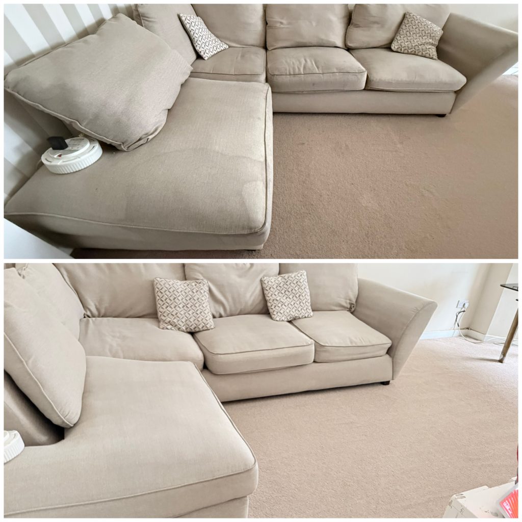 Before and after cleaning results on a beige corner sofa in London