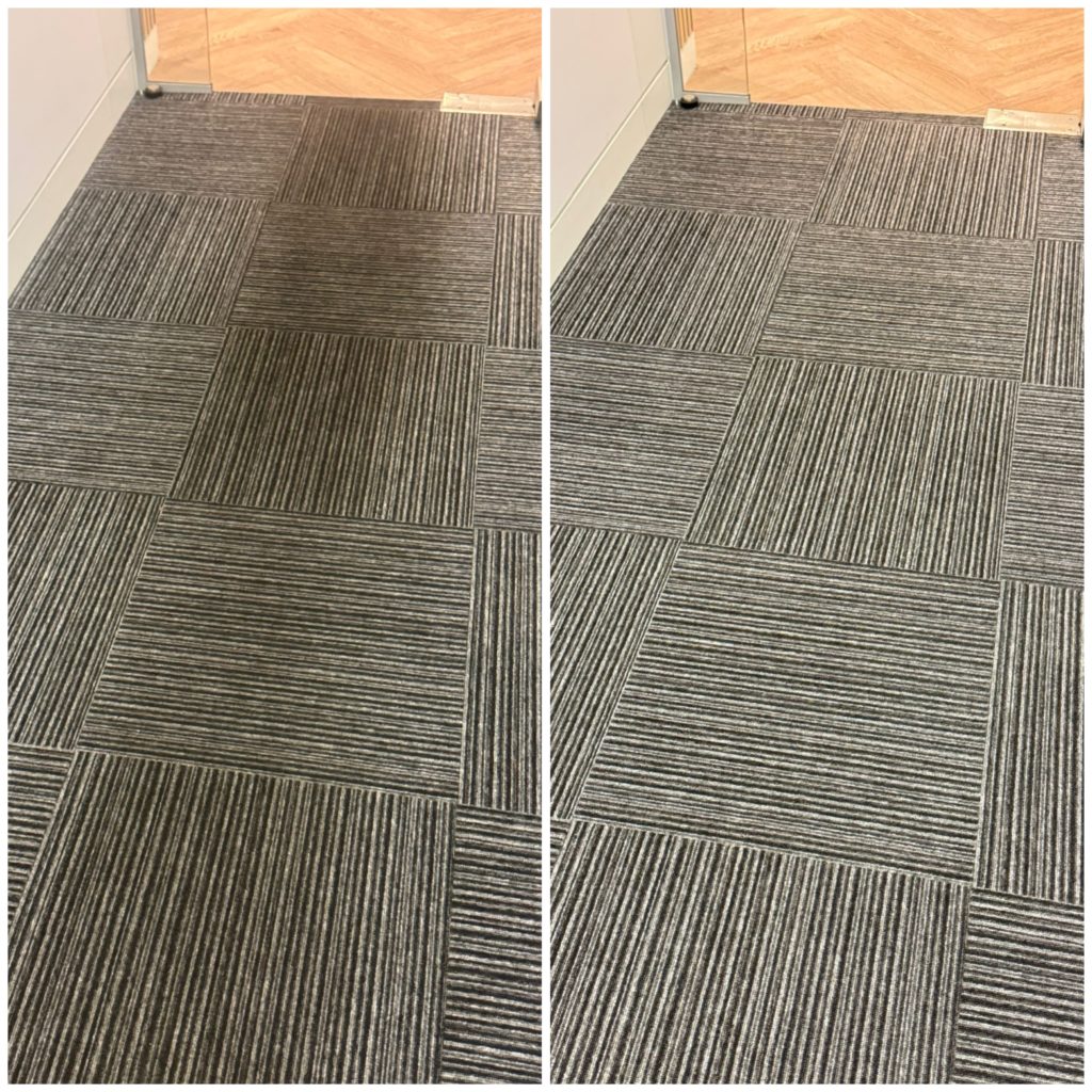 Commercial carpet tile cleaning before and after in Soho office hallway