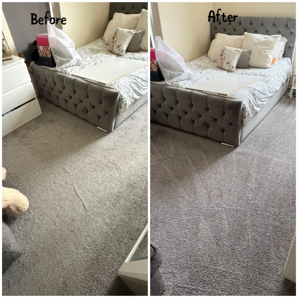 Bedroom carpet before and after professional cleaning