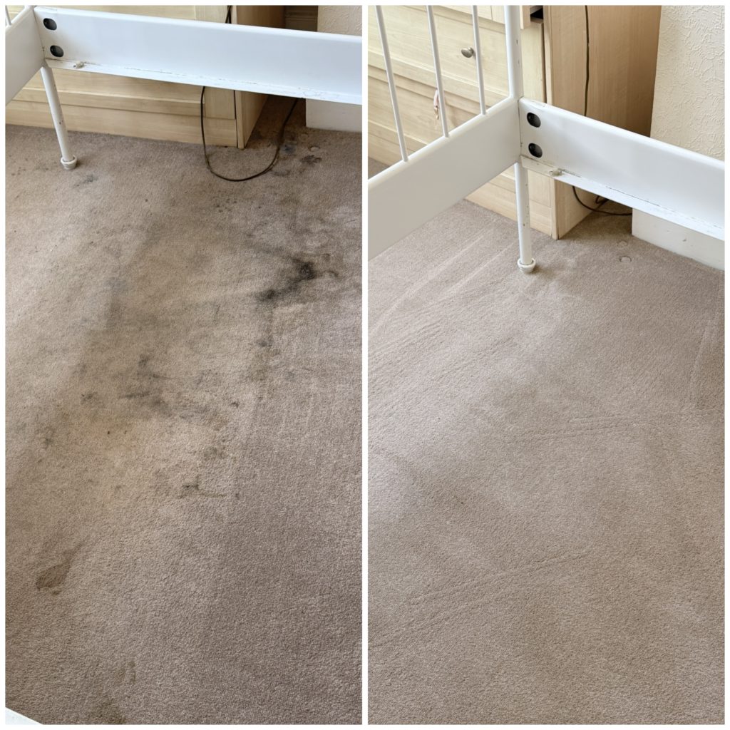 Heavily soiled carpet before and after deep cleaning